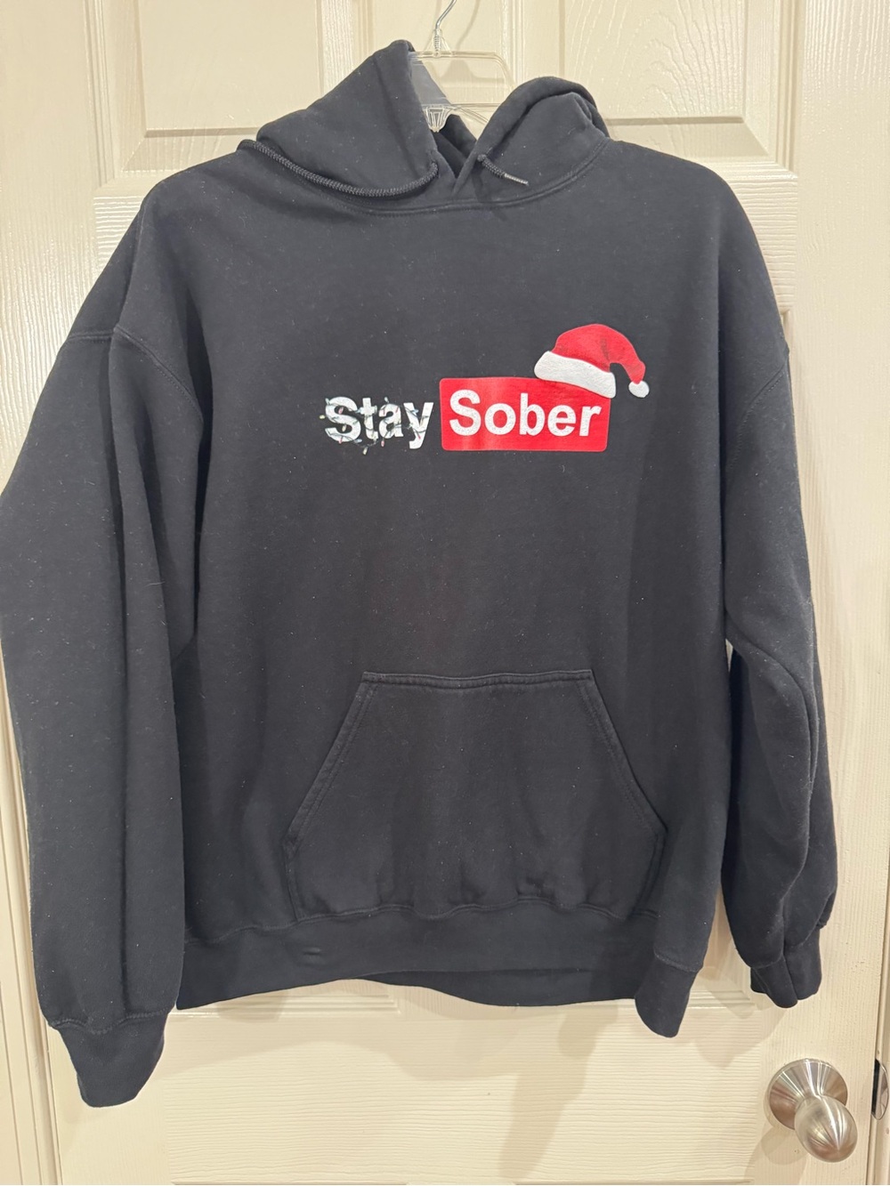 Stay Sober Black Hoodie with Festive Santa Accent